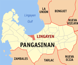 Map of Pangasinan with Lingayen highlighted