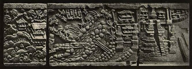 Relief from Trowulan: Countryside, walled kampung, ramparts, and temple.