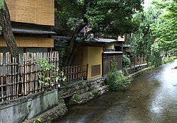 Shirakawa Canal in Gion, Higashiyama-ku, showing the rear of some ochaya