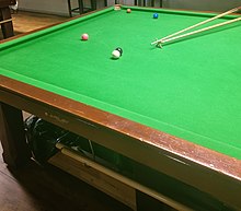 A snooker table with balls aligned in the shape of a snooker