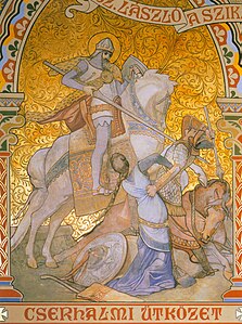 The depiction of the Battle of Cserhalom in the Saint Ladislaus chapel, Matthias Church (Budapest, Hungary) (painting by Károly Lotz, 19th century). King Saint Ladislaus of Hungary saves the kidnapped Hungarian girl from a Cuman warrior.