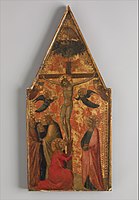 14th-century Italian Crucifixion by Allegretto Nuzi; much of the gold leaf has worn away, revealing the red bole below.