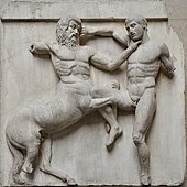 A centaur struggling with a Lapith on a metope from the Parthenon, in the British Museum (London)
