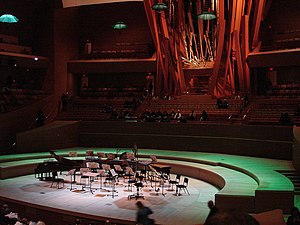 Interior of the Walt Disney Concert Hall with organ facade designed by Frank Gehry (2003)