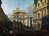 Die Neue Aula (am Ignaz-Seipel-Platz mit dem aufgesetzten Observa­torium, rechts die Jesuitenkirche; Canaletto, 1758/61)