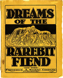A monochromatic book cover. At the top in large bold letters reads "Dreams of the", followed by an illustration of a man covered in cheese, followed by "Rarebit Fiend" in bold. Below reads, "New York: Frederick A. Stokes Company: Publishers"
