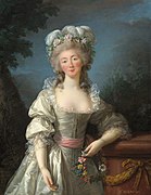 Madame du Barry, 1782. The last Maîtresse-en-titre of Louis XV of France and a victim of the Reign of Terror." One of three Vigée Le Brun portraits, including a posthumous portrait that she finished in 1805.[36] (Note:Though du Barry never wore rouge, another artist added it to her cheeks.[citation needed])