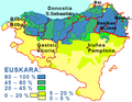Sprachensituation im gesamten Baskenland – geringe Baskisch-Anteile im Süden (insbesondere Navarra) und Westen sowie an der französischen Küste