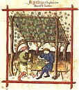 Pergola aus Holzstangen. Aus dem Handbuch der Familie Corutti in Verona um 1375 (Österr. Nationalbibl. Wien)