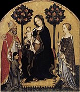 Thronende Maria mit dem Kind, dem Heiligen Nicolaus von Bari, der Heiligen Katharina von Alexandrien und einem Stifter