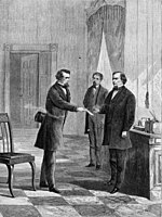 Illustration of Sergeant at Arms of the United States Senate George T. Brownd delivering the Senate's summons to Andrew Johnson at the White House on March 7, 1868