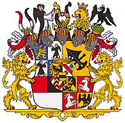 Großes Wappen des Hauses Rotberg-Rheinweiler heute – Rotberg-Wappen mit den Wappen weiterer vier Familien
