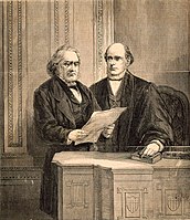 Associate Justice of the Supreme Court Samuel Nelson (left) administers oath to Chief Justice Chase for the impeachment trial of Andrew Johnson