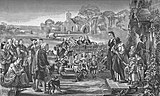 A minister and his family leaving their Church of Scotland manse during the Disruption (engraving J. M. Corner[8]) based on Quitting The Manse[9] (oil painting G. Harvey) – featuring Tullibody Old Kirk