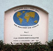 Commemorative inscription for J. M. Schleyer on the wall of the parsonage in Litzelstetten, Constance, written in Volapük and German