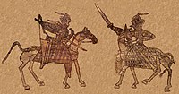 Battle scenes between "Kangju" Saka warriors, from the Orlat plaques. 1st century CE.[52]