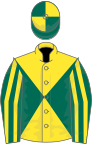 Yellow and dark green diabolo, dark green and yellow striped sleeves, yellow and dark green quartered cap
