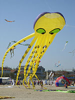 Launch of ram-air inflated Peter Lynn single-line kite, shaped like an octopus and 90 feet (27 m) long