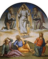 Peter (sitting in the centre) along with John and his brother James, son of Zebedee (sitting L-R) at the Transfiguration of Jesus.