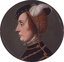 Painting of Anna of Lorraine, who is shown at bust length and in profile, facing left. She wears a black and gold hat with a white feather.