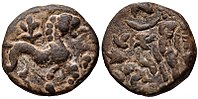 Coin of Rajuvula with lion and Herakles holding lion skin. Here the king's title is Mahakshatrapa' "Great Satrap". Coin probably minted in Taxila.[3]