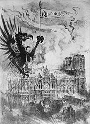 French Cartoon of Reims Cathedral bombarded by the German Army during World War I