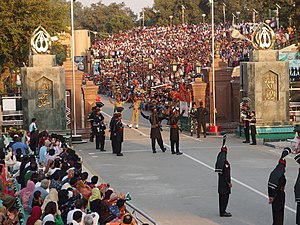 The evening flag lowering ceremony at the Pakistan–India international border near Wagah