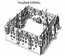 Detail of engraving of the Renaissance palace by Matthäus Merian, 1655, view looking southeast