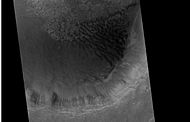 Wide view of crater showing dark dunes on floor and gullies on southern wall, as seen by HiRISE under HiWish program