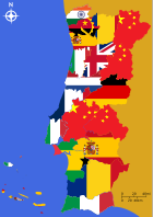 Flag map of the fifth most common foreign nationality in Portugal in every district. One can appreciate the presence of the Chinese near the Spanish border and the prevalence of Europeans along the coast