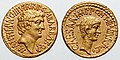 Aureus aus dem Jahr 41 v. Chr. mit den Porträts von Marcus Antonius (links) und Octavian