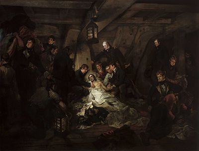 A painting of a dying Lord Nelson is surrounded by several people on board HMS Victory