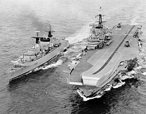 HMS Hermes and HMS Broadsword, during the 1982 Falklands War. Hi dad! (Broadsword)