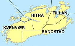 Map of the island of Hitra with the old municipal boundaries (originally Fillan also included Sandstad)