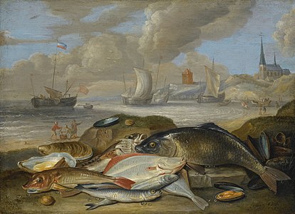 Still life of fish in a harbor landscape, possibly an allegory of the element of water