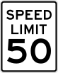 A vertical rectangular white sign with a black border, with the words "SPEED LIMIT" above the number "50"