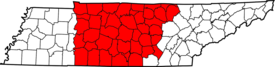 The counties of Tennessee highlighted in red that are designated part of Middle Tennessee.