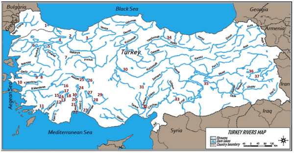 Map of Turkey showing major lakes and rivers