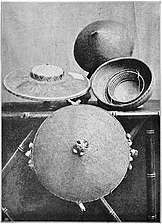 Various types of salakot from the Philippines, c.1900. The inner headband is visible on the middle right salakot.