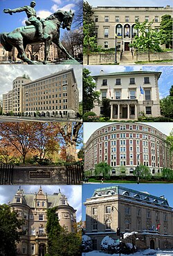 A montage of buildings, a park, and a statue