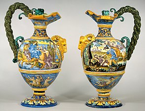 Nevers pair of wine jugs, c. 1685, 56 cm high. François Chauveau's Rape of Europa is again used (left).