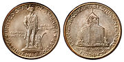 Two sides of a silver coin. On the one side is a statue of a man in 18th-century clothing. He holds a rifle, and his coat is on a plow beside him. Above the statue is inscribed "United States of America" and below "Patriot Half Dollar". To the side of the statue is the inscription "Concord Minute-Man" on the left and "In God We Trust" on the right.