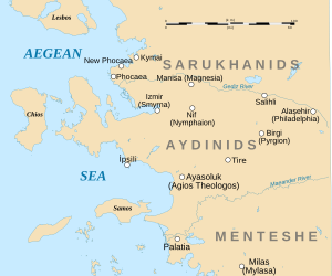 Map of western central Anatolia and the offshore islands, with the main cities of the period and rivers marked