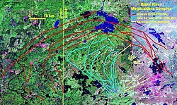 Map of the Blake River Megacaldera Complex. Misema Caldera is highlighted in red, New Senator Caldera in cyan and Noranda Caldera in pale yellow.