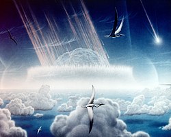 A painting depicting the asteroid impacting Earth, creating the Chicxulub crater