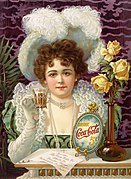 "Drink Coca-Cola 5¢", an 1890s advertising poster showing a woman in fancy clothes (partially vaguely influenced by 16th- and 17th-century styles) drinking Coke.