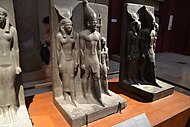 Greywacke Statue of Menkaure flanked by Hathor and Anput, Cairo Museum 2023