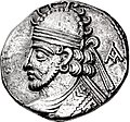 Coin of Pacorus II wearing a tiara and beard, minted in 93