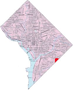 Map of Washington, D.C., with the Hillcrest neighborhood highlighted in red