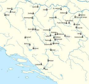 Map of ubicated Franciscan monasteries in 15th century Bosnia in drawing